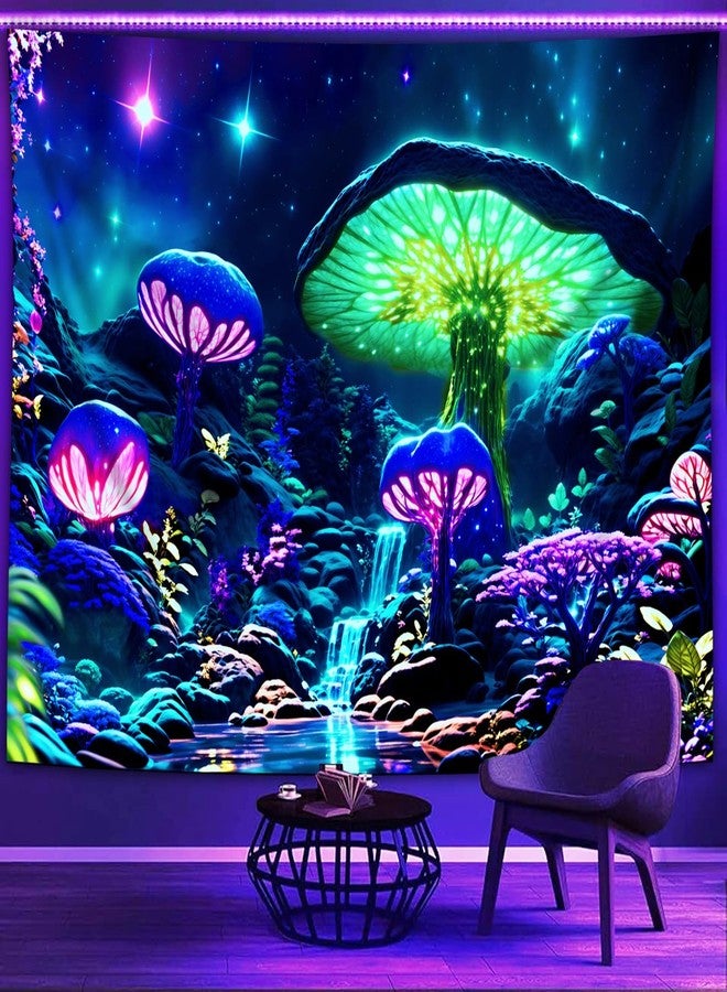 PSYHILAR Blacklight Poster Mushroom Tapestry for Bedroom Aesthetic, Colorful Neon Forest Wall Art Black Light Posters for Adults (59 x 51 Inches) - Image 1